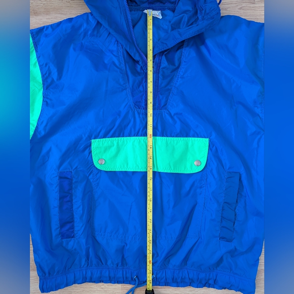 Vintage Badge Windbreaker, Neon Green, Blue, & Purple Hooded Half- Zip, Size L - Picture 13 of 14